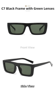 Detail view of square black frame sunglasses with green lenses from front and side angles