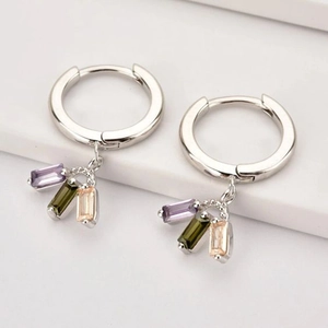 Silver hoop earrings with purple, green, and champagne zircon rectangle pendants