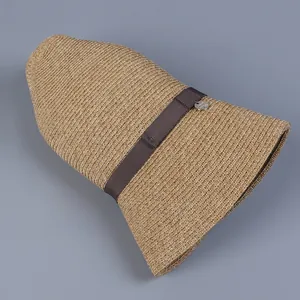 Breathable beige woven sun hat for women with foldable design and brown grosgrain ribbon