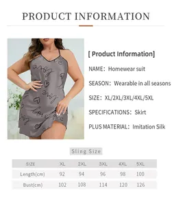 Detailed size chart for plus size women's heart print imitation silk nightgown dress