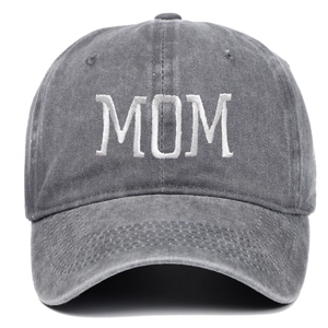 Distressed grey cotton baseball cap with white MOM embroidery for women's casual style