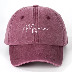 Close-up of Mama embroidery and heart on washed burgundy cotton canvas baseball cap