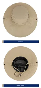 Detail of khaki sun hat featuring breathable mesh lining and adjustable chin strap