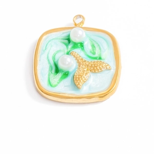 Marine style square gold pendant with mint green enamel, pearls and fishtail detail