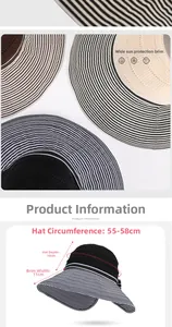 Detailed size specifications for wide-brimmed striped sun hats in multiple colors
