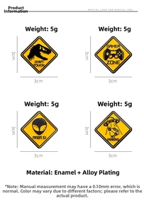 Detail specifications of 3cm yellow enamel pins featuring dinosaur and UFO gaming themes