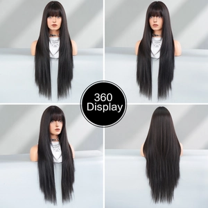 Long straight black hair wig with bangs shown in 360-degree views on a model stand
