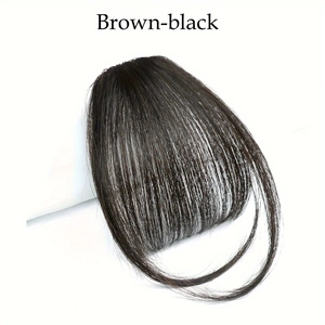 Close-up detail of natural brown-black air bangs hairpiece with sideburns for women