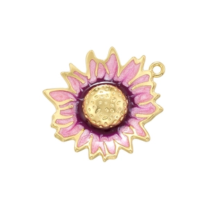 Pink and purple enamel sunflower pendant in gold finish with metallic texture and ring