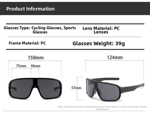 Detailed technical dimensions showing 150mm width and 57mm height of the sport sunglasses