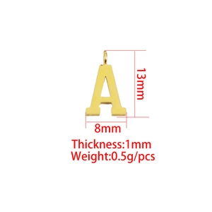 Macro detail of golden capital letter A pendant with exact size and weight dimensions
