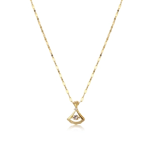 Golden fan-shaped hollow necklace with inlaid crystals on a unique loop chain
