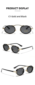 Detail view of gold and black punk oval sunglasses with UV 400 protection labels