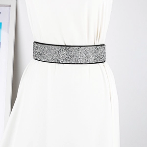 Detailed close-up of sparkling silver rhinestone elastic waist belt with black piping trim