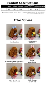 Size chart and details of cute capybara plush backpacks in various accessory styles