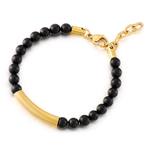 Bracelet perles onyx noir mat 6mm avec tube courbé en acier inoxydable doré et fermoir