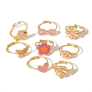 8pcs set of gold adjustable open rings featuring pink floral, heart, and butterfly designs