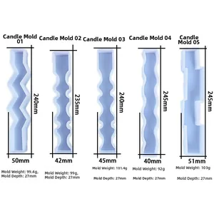 Blue geometric silicone candle molds in 5 ripple styles with detailed size dimensions