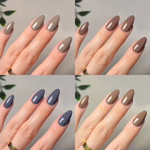 Glossy almond press-on nails in taupe, chocolate brown, misty blue, and olive shades
