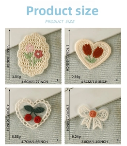 Detailed size chart for embroidered patches featuring cherries, flowers and lace bows