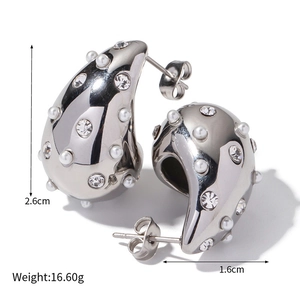 Detailed size view of silver teardrop earrings with pearls and rhinestones 2.6cm x 1.6cm