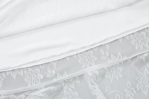 Close-up of white floral lace mesh fabric with smooth inner lining and fine stitching details