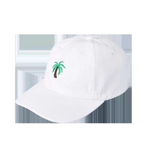 White baseball cap featuring green palm tree embroidery and a classic wide curved brim