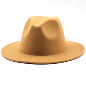 Detail view of khaki wool fedora hat featuring a classic brim and smooth felt texture