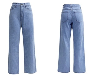 Vue avant et arrière du jean taille haute bleu clair à jambe large avec cinq poches classiques