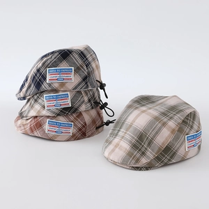 Retro plaid beret for kids with adjustable drawstring and stylish side label detail