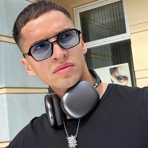 Retro double bridge aviator sunglasses with light blue lenses and black frames for men