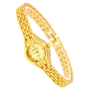 Detailed close-up of a gold metal link bracelet watch with a round quartz dial