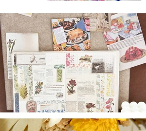 Detailed view of vintage floral washi tape set applied on a retro scrapbook layout