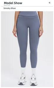 Front view of high waist yoga pants in smoky grey blue with seamless knit texture