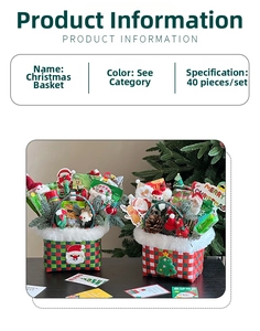 Close-up of woven Christmas gift baskets with Santa decor and fluffy white trim