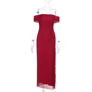 Detail view of red off-shoulder mesh dress with slim fit design and slit details