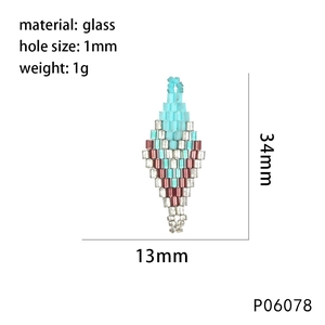 Detailed specs of 34x13mm handmade glass bead rhombic pendant with 1mm hole size