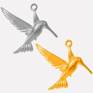 Detailed view of 304 stainless steel bird pendants in polished gold and silver finishes
