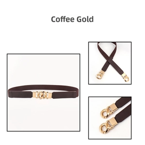 Macro detail of elastic coffee brown belt with interlocking gold buckle and leather trim