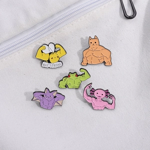 5-piece set of humorous muscle cartoon animal enamel pins including bee and frog designs