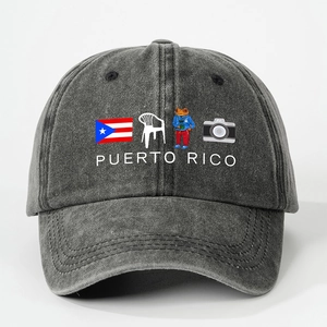 Front detail of washed grey denim baseball cap with Puerto Rico graphic print and embroidery