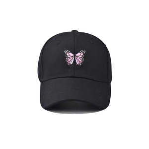 Casquette de baseball en coton noir avec broderie exquise de papillon rose