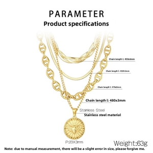 Detail of layered stainless steel gold necklaces with bee coin pendant and product dimensions