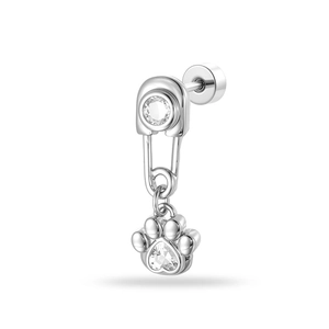 Silver paperclip earring with heart-shaped zircon cat paw pendant and crystal stud