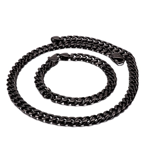 Set coordinato collana e bracciale da uomo con maglia cubana in acciaio nero lucido
