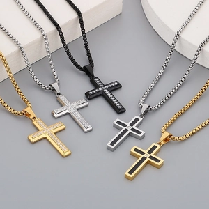 Stainless Steel Cross Pendant Necklace Full Diamond Rhinestone Inlay Textured Neutral Fashion Jewelry