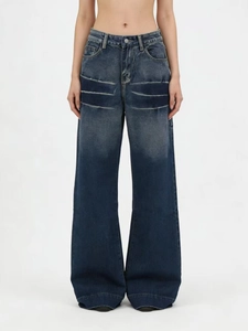 Women High Waist Retro Washed Jeans Gradient Distressed Ripped Denim Pants Streetwear Loose Casual Wide Leg