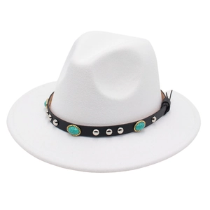 White wool fedora hat with turquoise beads and silver studs on a western black band