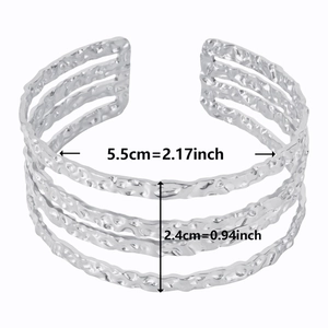Detailed dimensions of silver multi-layer open cuff bracelet with hammered texture finish