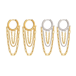 Modern gold and silver titanium steel earrings with layered chain fringe on white background